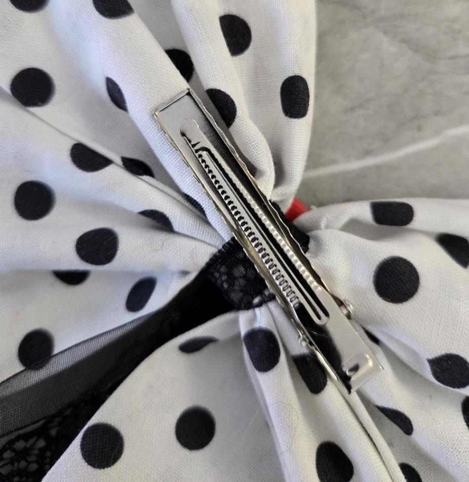 Black White Polka Dot Red Button & Lace Hair Bow, Clip On - Lolita Gothic - Oh My Gothness