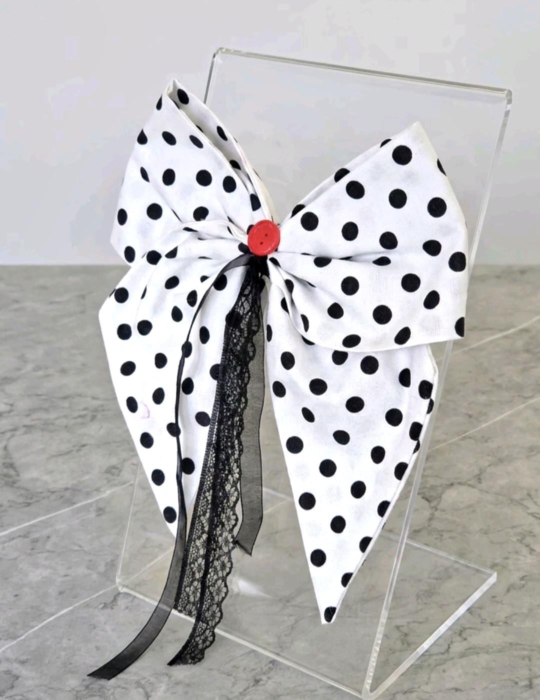Black White Polka Dot Red Button & Lace Hair Bow, Clip On - Lolita Gothic - Oh My Gothness