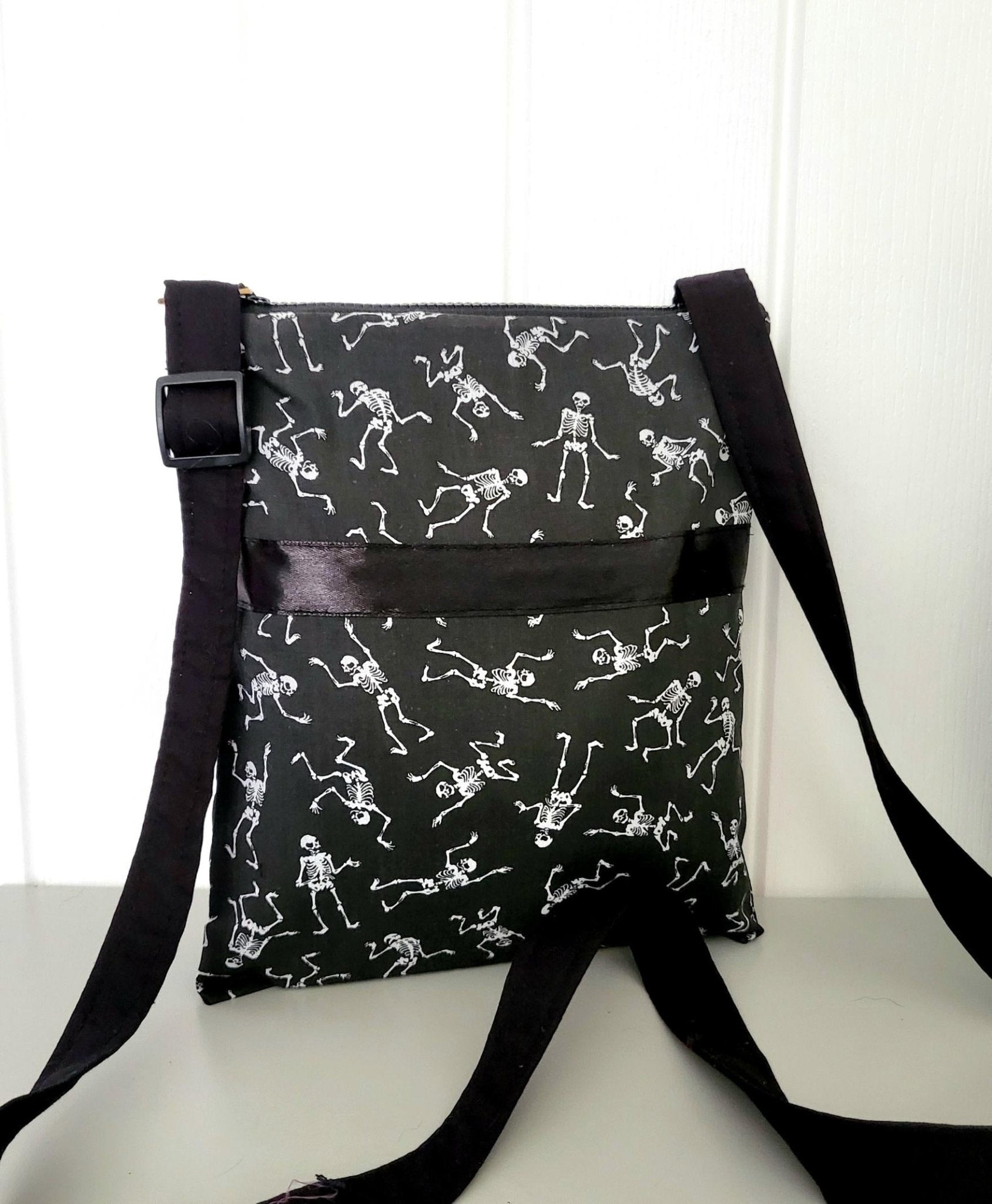 Black & White Skeleton Print Shoulder Crossbody Bag Fully Lined Zipped Goth Funky Creepy Bones Holiday Travel Festival Gift Handmade BG3 - Oh My Gothness