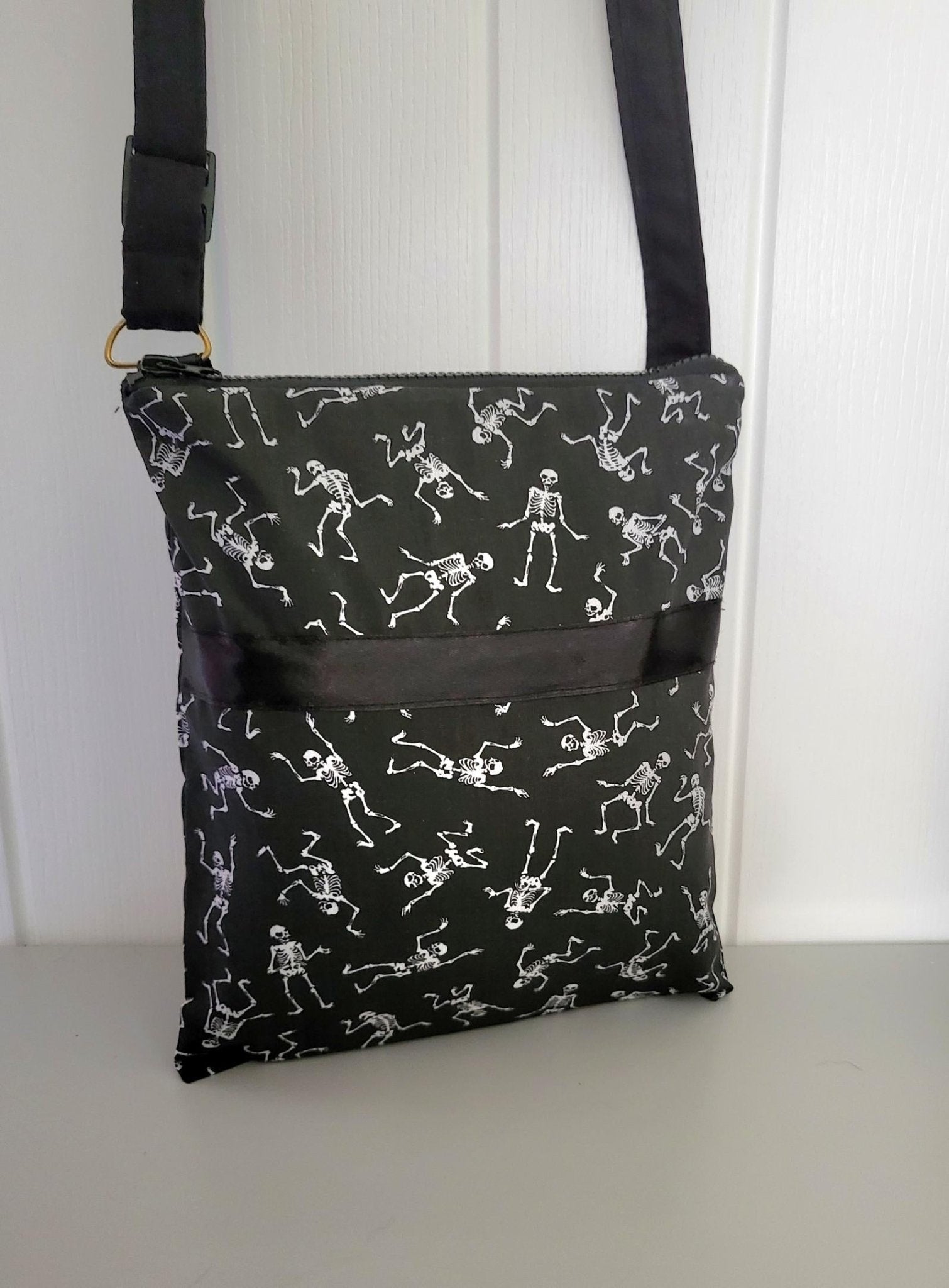Black & White Skeleton Print Shoulder Crossbody Bag Fully Lined Zipped Goth Funky Creepy Bones Holiday Travel Festival Gift Handmade BG3 - Oh My Gothness