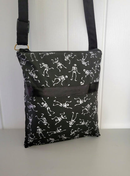 Black & White Skeleton Print Shoulder Crossbody Bag Fully Lined Zipped Goth Funky Creepy Bones Holiday Travel Festival Gift Handmade BG3 - Oh My Gothness