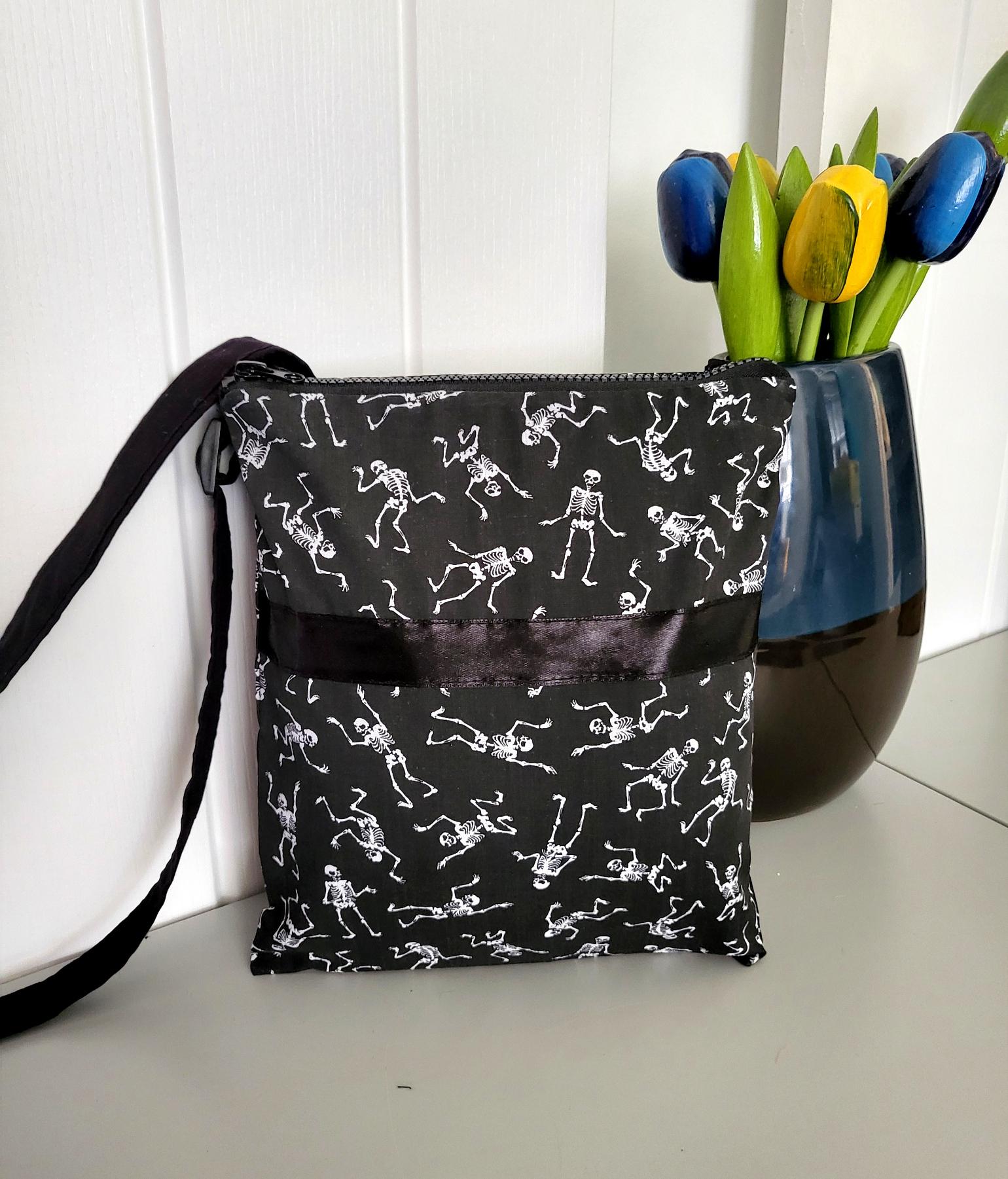 Black & White Skeleton Print Shoulder Crossbody Bag Fully Lined Zipped Goth Funky Creepy Bones Holiday Travel Festival Gift Handmade BG3 - Oh My Gothness