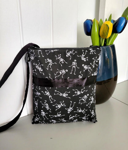 Black & White Skeleton Print Shoulder Crossbody Bag Fully Lined Zipped Goth Funky Creepy Bones Holiday Travel Festival Gift Handmade BG3 - Oh My Gothness