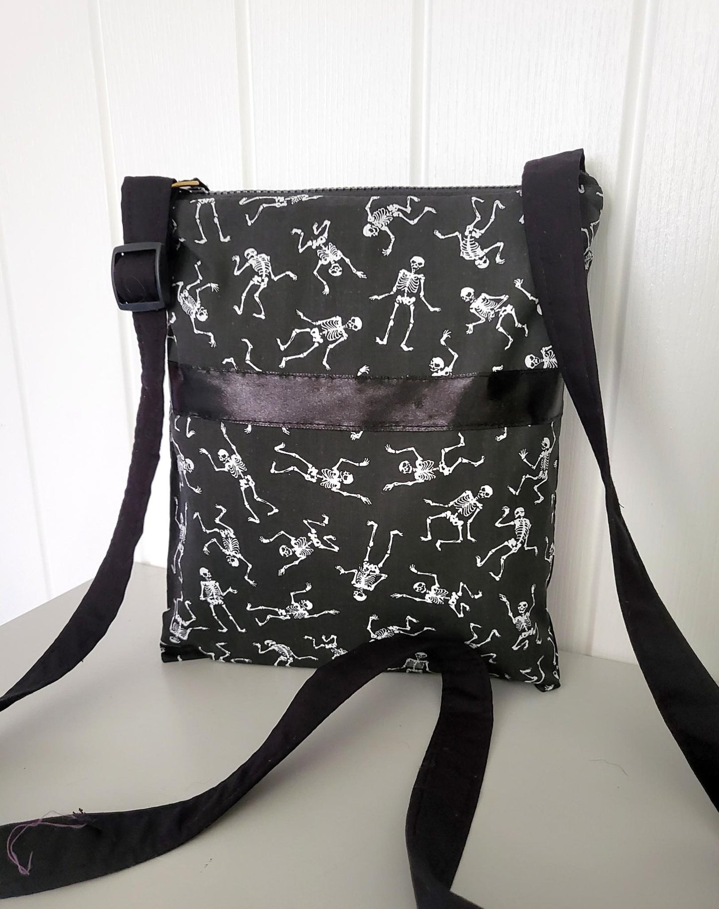 Black & White Skeleton Print Shoulder Crossbody Bag Fully Lined Zipped Goth Funky Creepy Bones Holiday Travel Festival Gift Handmade BG3 - Oh My Gothness