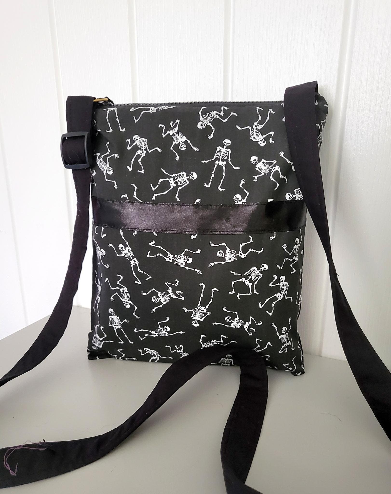Black & White Skeleton Print Shoulder Crossbody Bag Fully Lined Zipped Goth Funky Creepy Bones Holiday Travel Festival Gift Handmade BG3 - Oh My Gothness