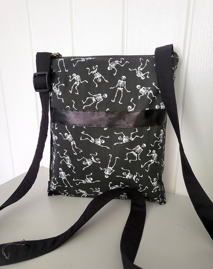 Black & White Skeleton Print Shoulder Crossbody Bag Fully Lined Zipped Goth Funky Creepy Bones Holiday Travel Festival Gift Handmade BG3 - Oh My Gothness