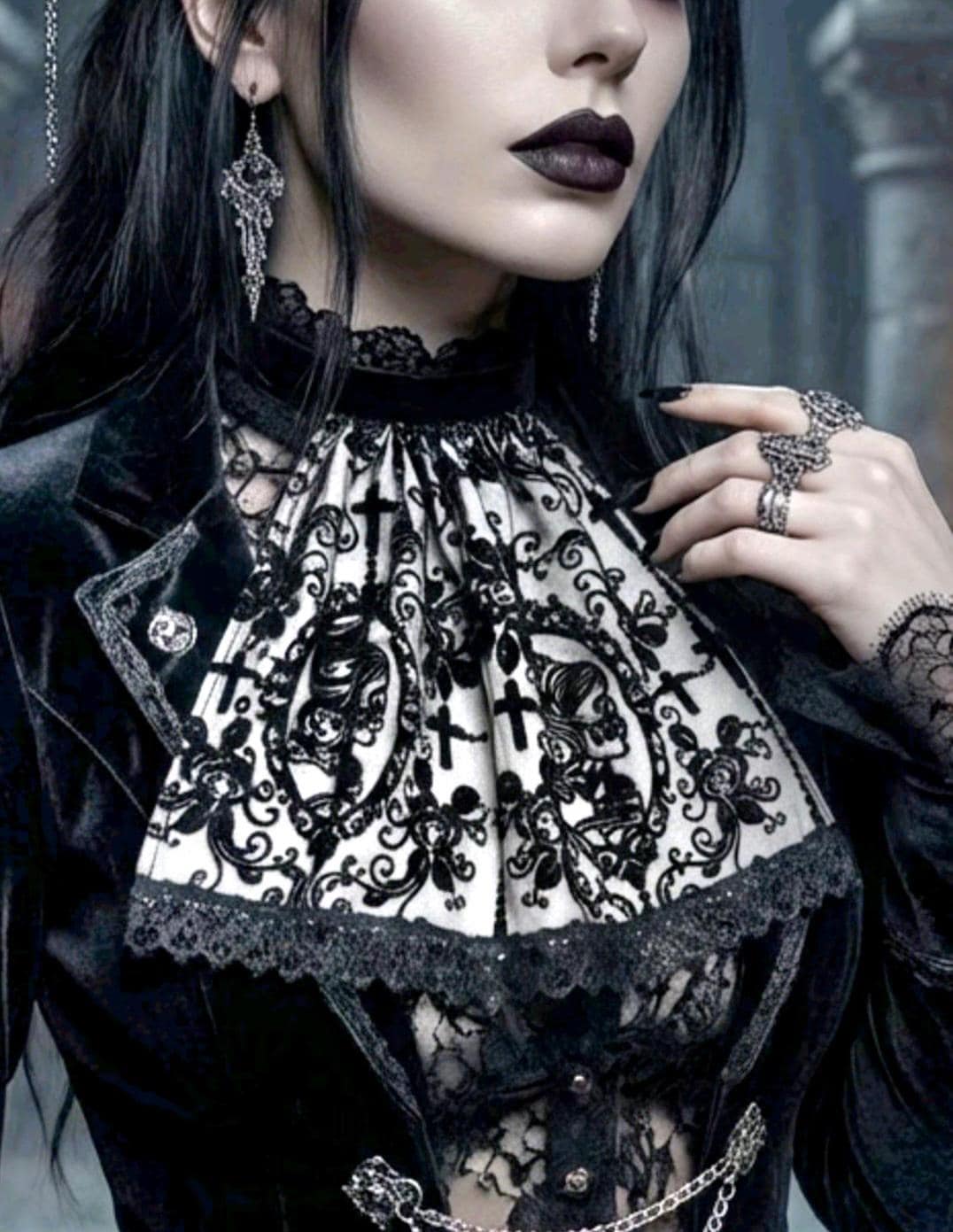 Black White Velvet Skull Overlay Jabot Cravat: Victorian Steampunk Costume Unisex - Oh My Gothness