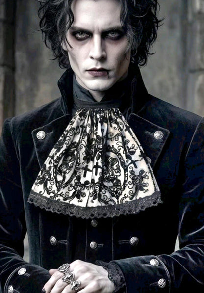 Black White Velvet Skull Overlay Jabot Cravat: Victorian Steampunk Costume Unisex - Oh My Gothness