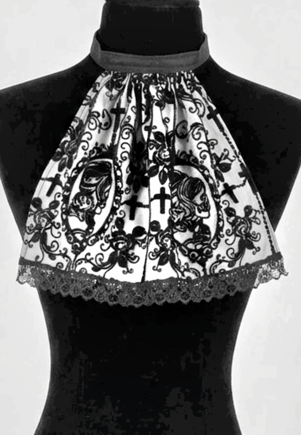 Black White Velvet Skull Overlay Jabot Cravat: Victorian Steampunk Costume Unisex - Oh My Gothness