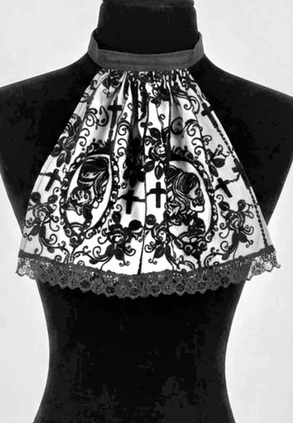 Black White Velvet Skull Overlay Jabot Cravat: Victorian Steampunk Costume Unisex - Oh My Gothness