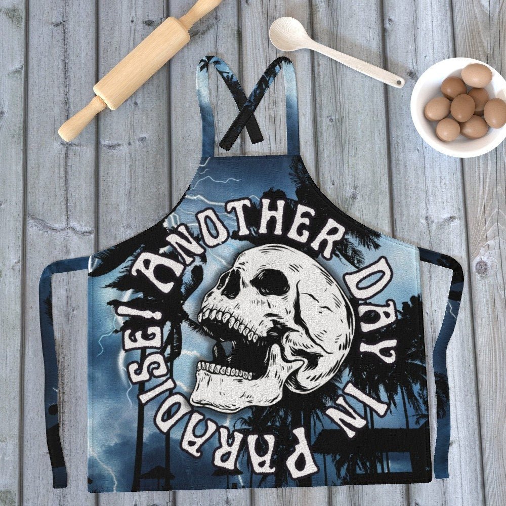 Blue Adult Canvas Apron Another Day In Paradise Sarcastic Skull and Palm Trees Foodie Gift - Oh My Gothness