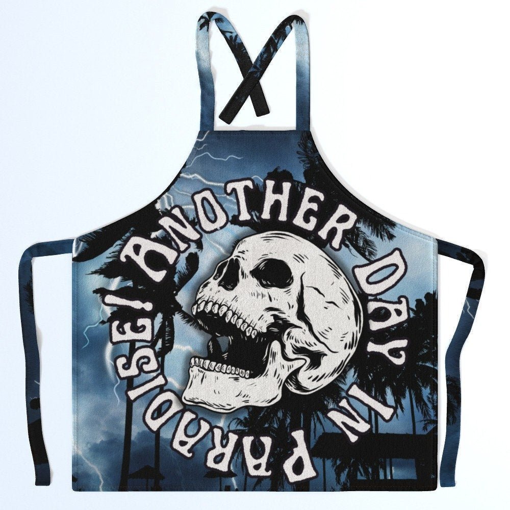 Blue Adult Canvas Apron Another Day In Paradise Sarcastic Skull and Palm Trees Foodie Gift - Oh My Gothness