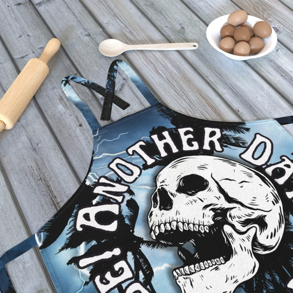 Blue Adult Canvas Apron Another Day In Paradise Sarcastic Skull and Palm Trees Foodie Gift - Oh My Gothness