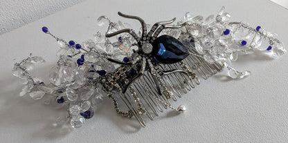 Blue Crystal Spider Hair Comb, Gothic Bridal Fascinator - Oh My Gothness