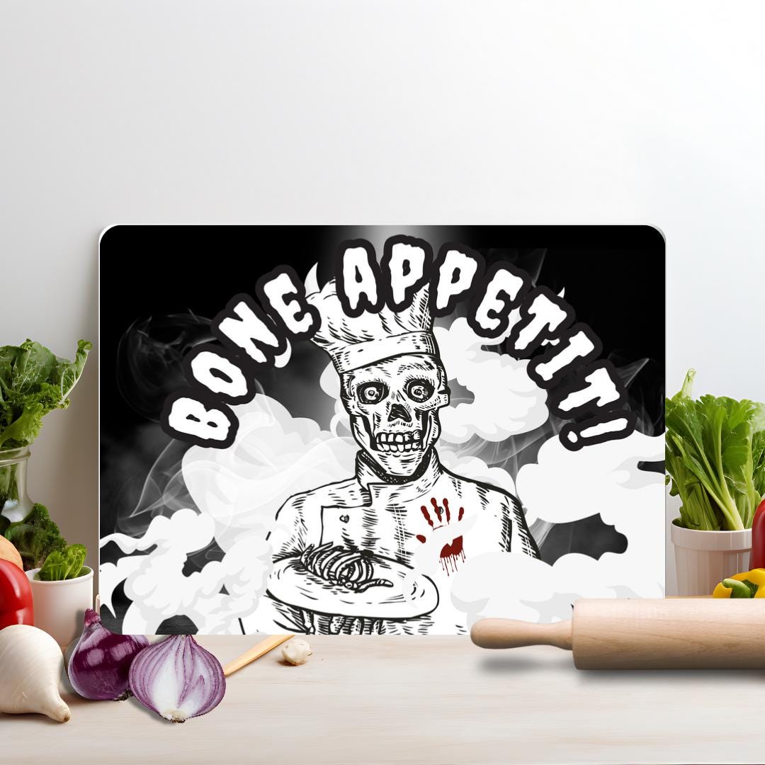 Bone Appetit Gothic Kitchen Cutting Board, Heat Proof Tempered Glass - Oh My Gothness