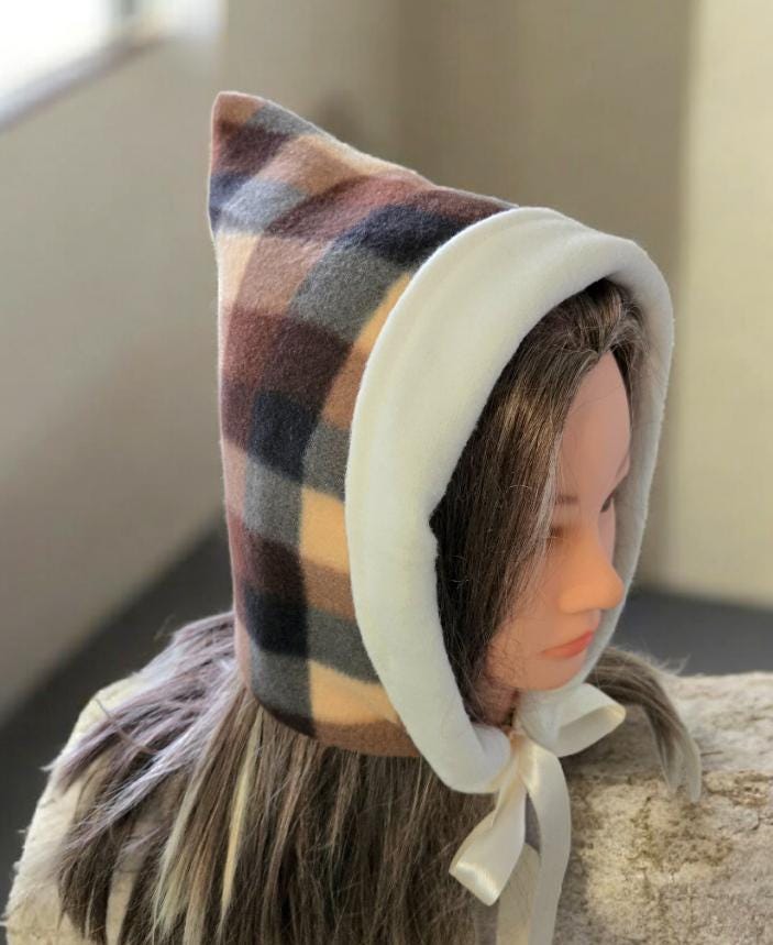 Brown Cream Check Fleece Woodland Pixie Hat Bonnet Hood Lined Whimsical Fairy Adult Winter HT66 - Oh My Gothness