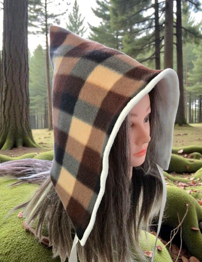 Brown Cream Check Fleece Woodland Pixie Hat Bonnet Hood Lined Whimsical Fairy Adult Winter HT66 - Oh My Gothness