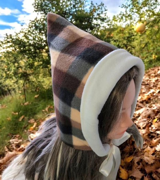 Brown Cream Check Fleece Woodland Pixie Hat Bonnet Hood Lined Whimsical Fairy Adult Winter HT66 - Oh My Gothness