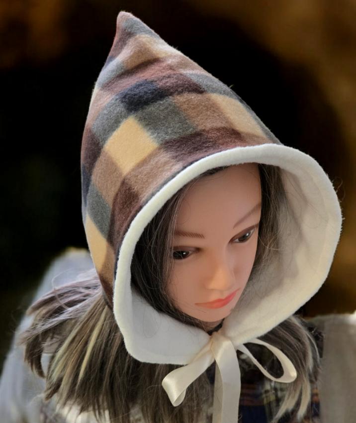 Brown Cream Check Fleece Woodland Pixie Hat Bonnet Hood Lined Whimsical Fairy Adult Winter HT66 - Oh My Gothness