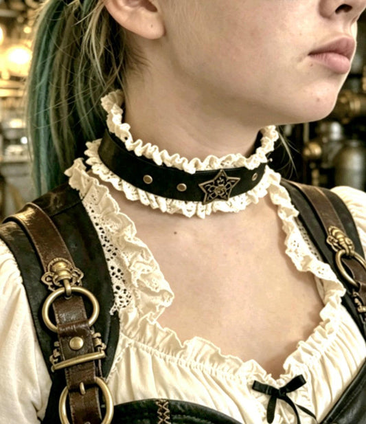 Brown Faux Leather & Cream Lace Choker Neck Band - Brass Star Steampunk Gothic Whitby - Oh My Gothness