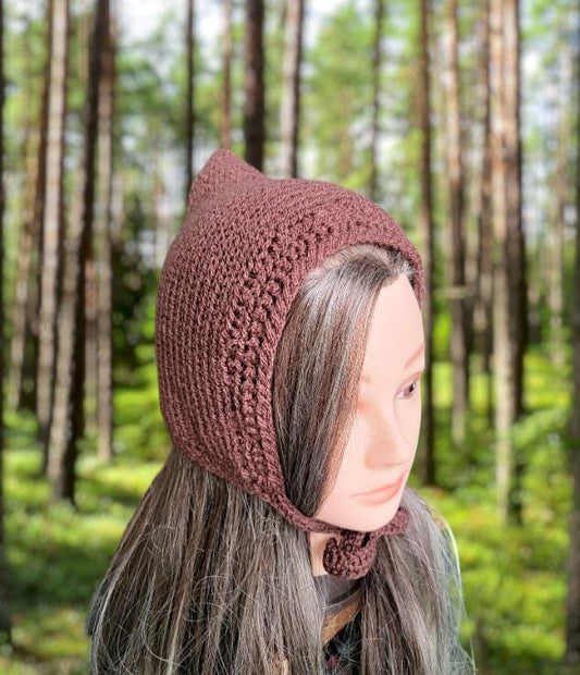 Brown Knitted Pixie Bonnet: Handmade Forest Elf Hat - Oh My Gothness