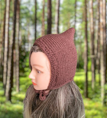 Brown Knitted Pixie Bonnet: Handmade Forest Elf Hat - Oh My Gothness