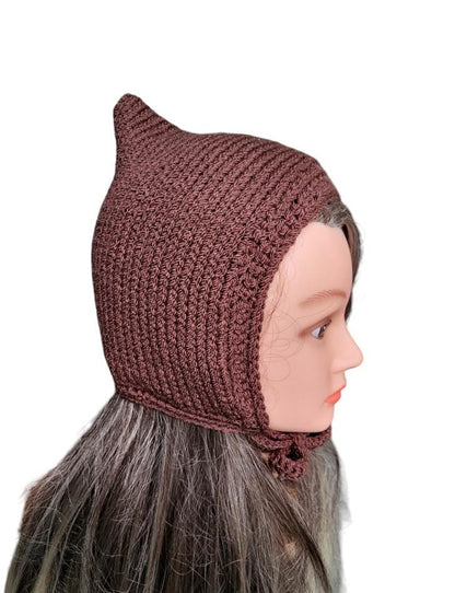Brown Knitted Pixie Bonnet: Handmade Forest Elf Hat - Oh My Gothness