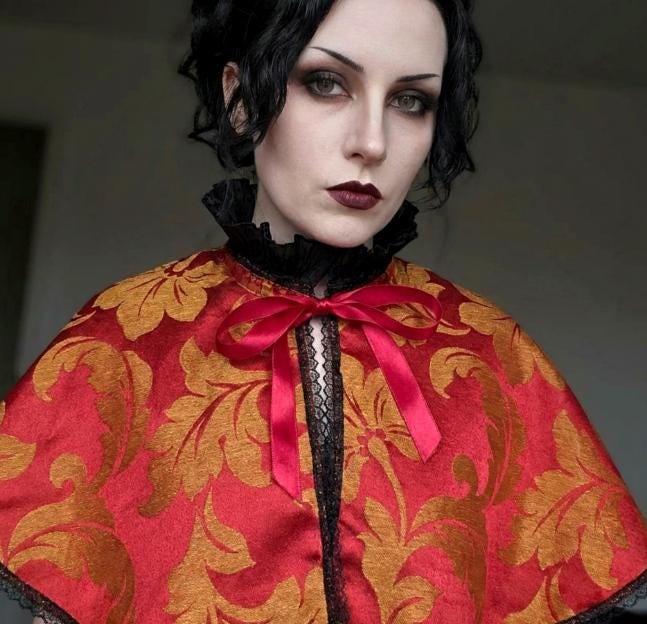 Burgundy Gold Jacquard Capelet, Black Lace Trim - Whitby Regency Costume - Oh My Gothness