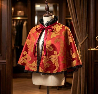 Burgundy Gold Jacquard Capelet, Black Lace Trim - Whitby Regency Costume - Oh My Gothness