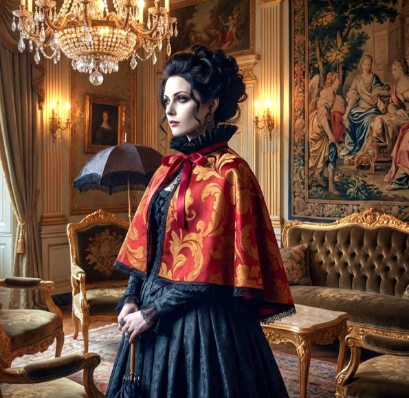 Burgundy Gold Jacquard Capelet, Black Lace Trim - Whitby Regency Costume - Oh My Gothness