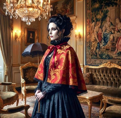 Burgundy Gold Jacquard Capelet, Black Lace Trim - Whitby Regency Costume - Oh My Gothness