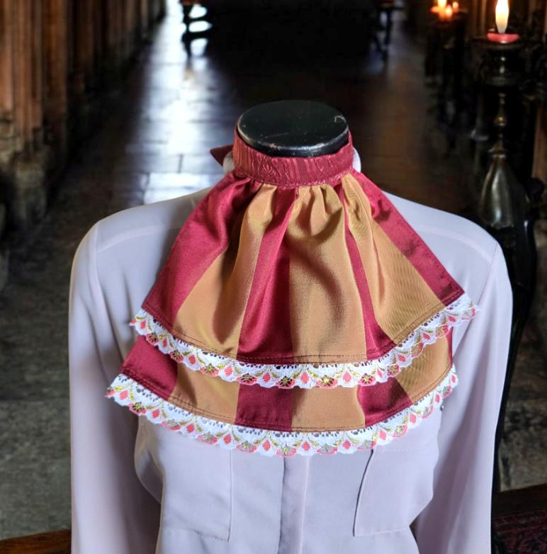 Burgundy & Gold Stripe Jabot, White Lace Cravat - Steampunk Costume - Oh My Gothness