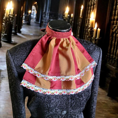Burgundy & Gold Stripe Jabot, White Lace Cravat - Steampunk Costume - Oh My Gothness