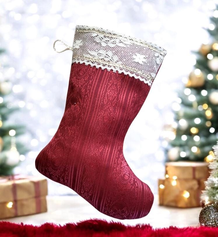 Burgundy Red Jacquard Christmas Stocking with Cream Lace, 14 Inch - Oh My Gothness