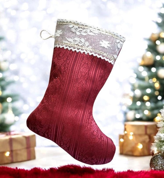 Burgundy Red Jacquard Christmas Stocking with Cream Lace, 14 Inch - Oh My Gothness