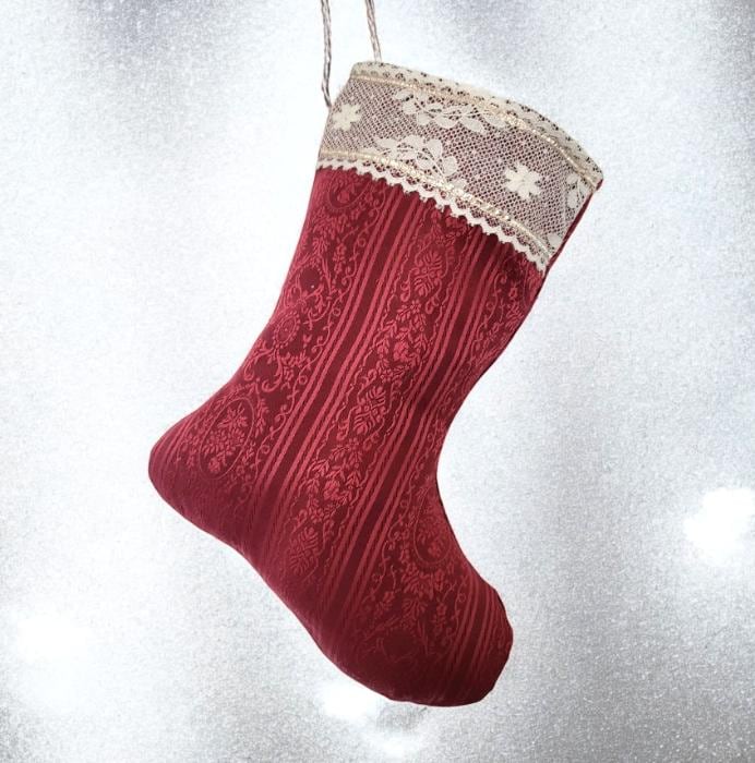 Burgundy Red Jacquard Christmas Stocking with Cream Lace, 14 Inch - Oh My Gothness