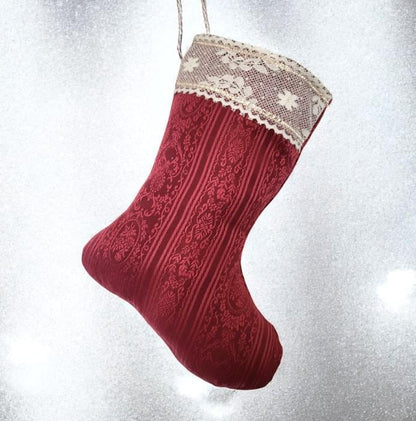 Burgundy Red Jacquard Christmas Stocking with Cream Lace, 14 Inch - Oh My Gothness