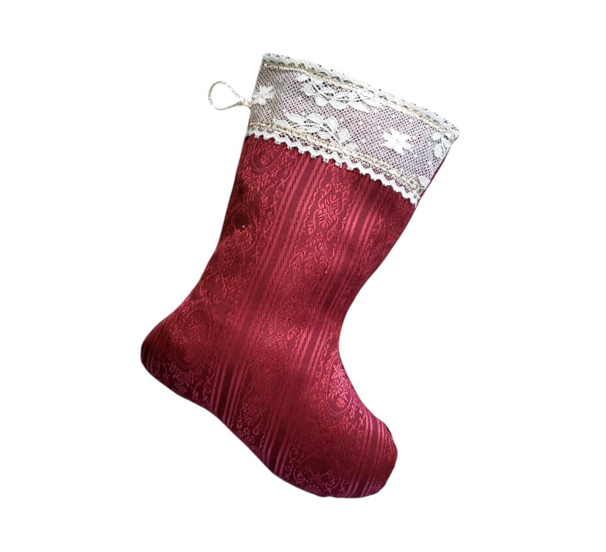 Burgundy Red Jacquard Christmas Stocking with Cream Lace, 14 Inch - Oh My Gothness