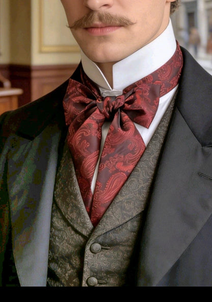 Burgundy Red Silky Paisley Cravat Bow Tie - Steampunk Gothic Victorian Costume Wedding - Oh My Gothness