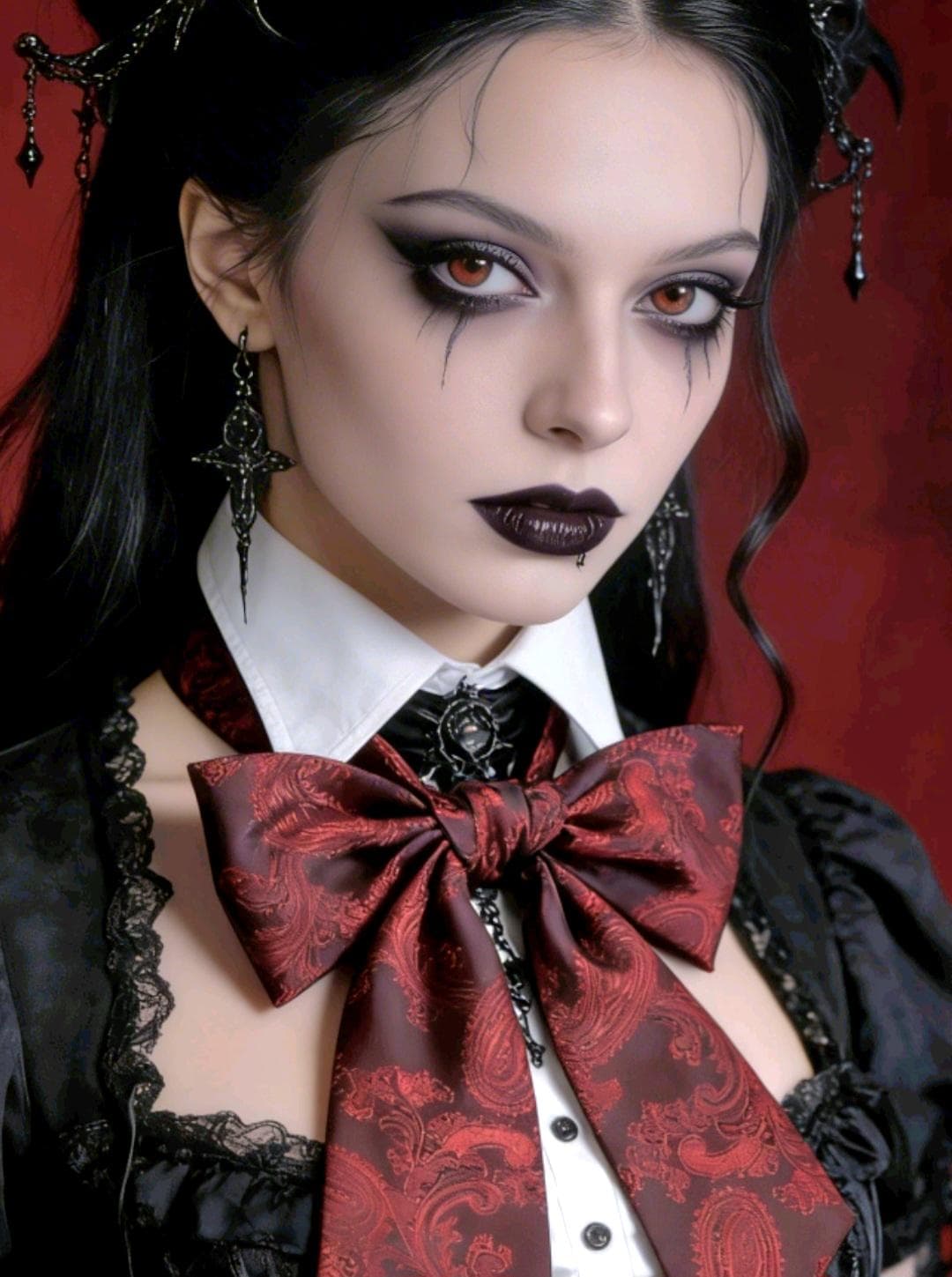 Burgundy Red Silky Paisley Cravat Bow Tie - Steampunk Gothic Victorian Costume Wedding - Oh My Gothness