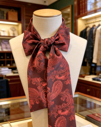 Burgundy Red Silky Paisley Cravat Bow Tie - Steampunk Gothic Victorian Costume Wedding - Oh My Gothness
