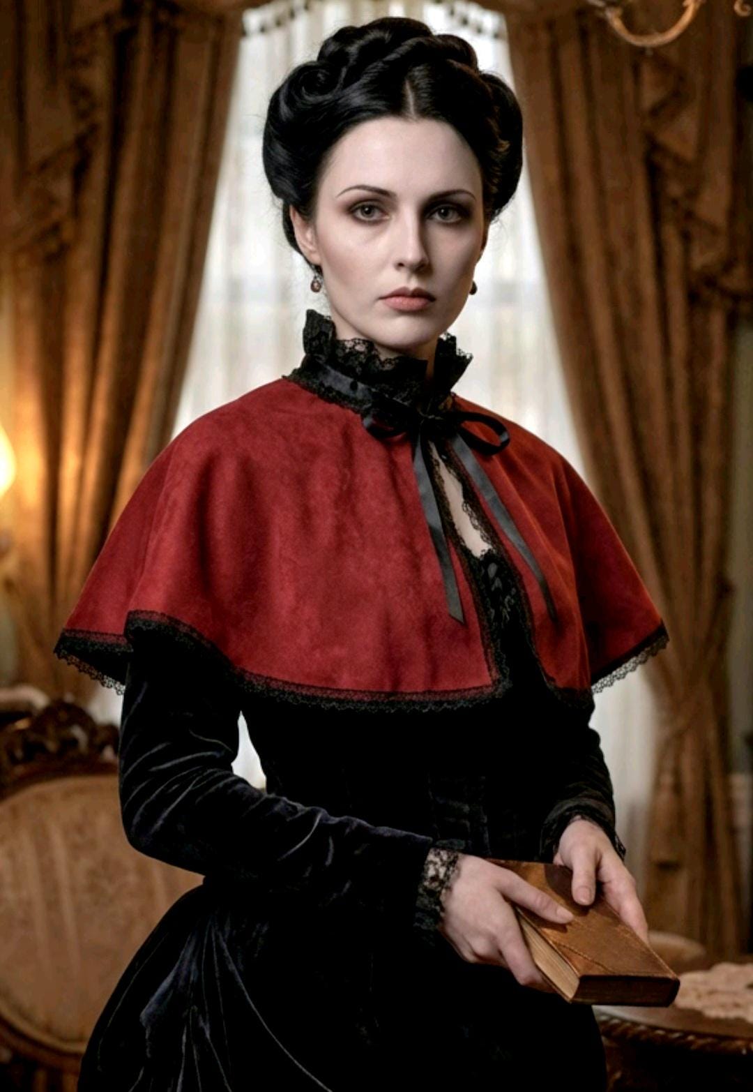 Burgundy Red Soft Velvet Victorian Cape Capelet - Steampunk Wedding Circular Black Lace Gothic Costume - Oh My Gothness