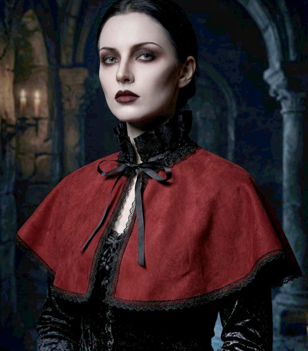 Burgundy Red Soft Velvet Victorian Cape Capelet - Steampunk Wedding Circular Black Lace Gothic Costume - Oh My Gothness