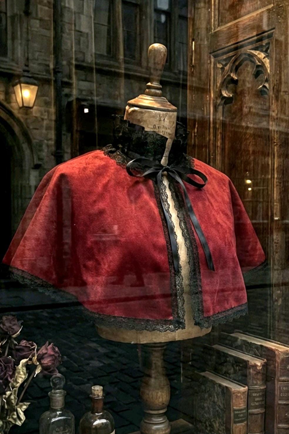 Burgundy Red Soft Velvet Victorian Cape Capelet - Steampunk Wedding Circular Black Lace Gothic Costume - Oh My Gothness