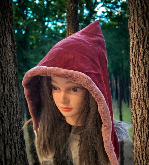 Burgundy Red Velvet Hood Hat Fleece Lined Whimsical Pixie Adult Size HT58 - Oh My Gothness
