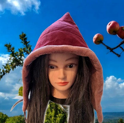 Burgundy Red Velvet Hood Hat Fleece Lined Whimsical Pixie Adult Size HT58 - Oh My Gothness