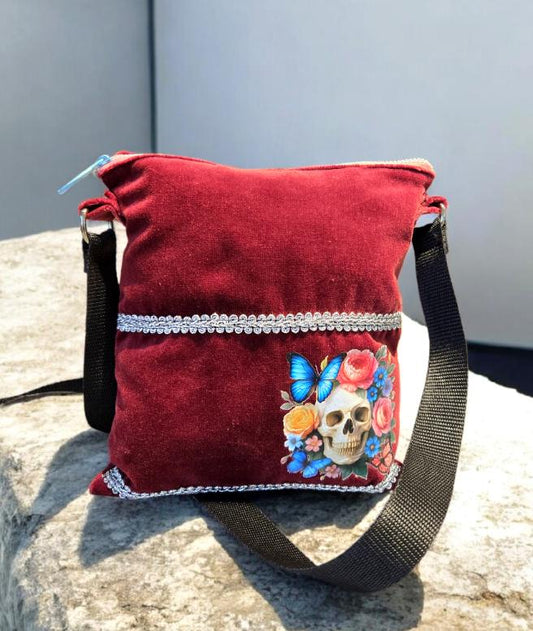 Burgundy Red Velvet Small Shoulder Bag With Pink Candy Skull Fully Lined Zip Up Holiday Funky - Oh My Gothness