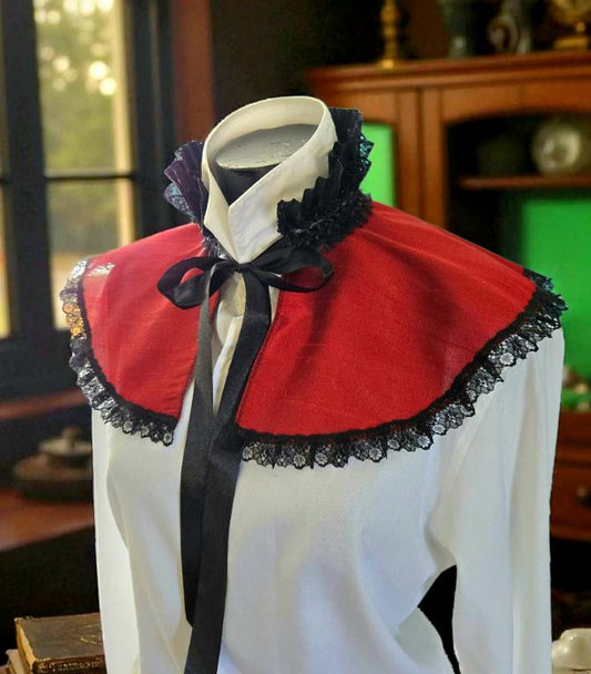Burgundy Taffeta Capelet: Black Lace Trim, Victorian Steampunk Costume - Oh My Gothness