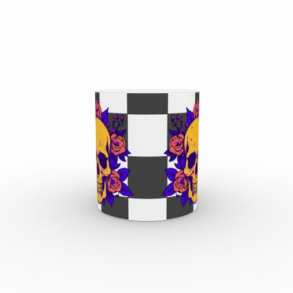 Ceramic Mug 11oz Gift Boxed Funky Skull and Roses On Checkerboard Gothic Decor - Oh My Gothness