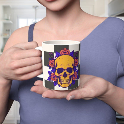 Ceramic Mug 11oz Gift Boxed Funky Skull and Roses On Checkerboard Gothic Decor - Oh My Gothness
